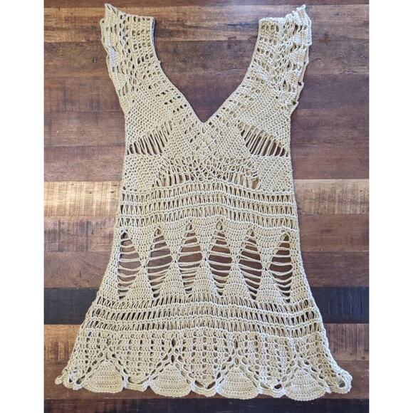 Brazen Cream Crochet Open Knit V-Neck Front Back Shoulder Ruffle Coverup Dress M - Picture 1 of 12